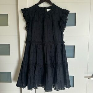 Aritzia Wilfred Black Sheer Linen Embroidery frilly baby doll short dress S